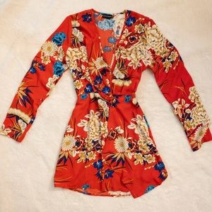 Red floral long sleeve wrap dress